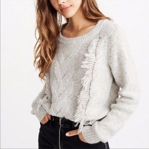 Abercrombie & Fitch Light Gray Heathered Fringe Crewneck Sweater